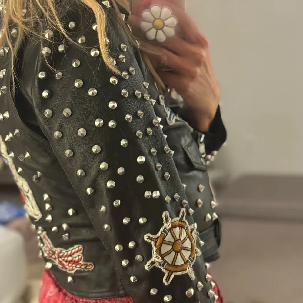 Zara Black and Red Leather Jacket with Studded Details - Picture 7 of 8